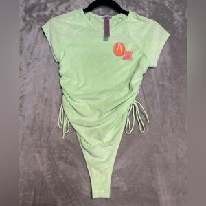 Savage X Fenty Terry Cloth Thong Bodysuit Womens XS Green Cap Sleeve